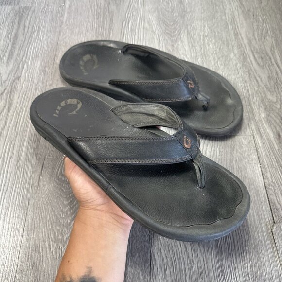 Olukai Ohana Sandals Mens Size 10 Flip Flop Black Thong Leather